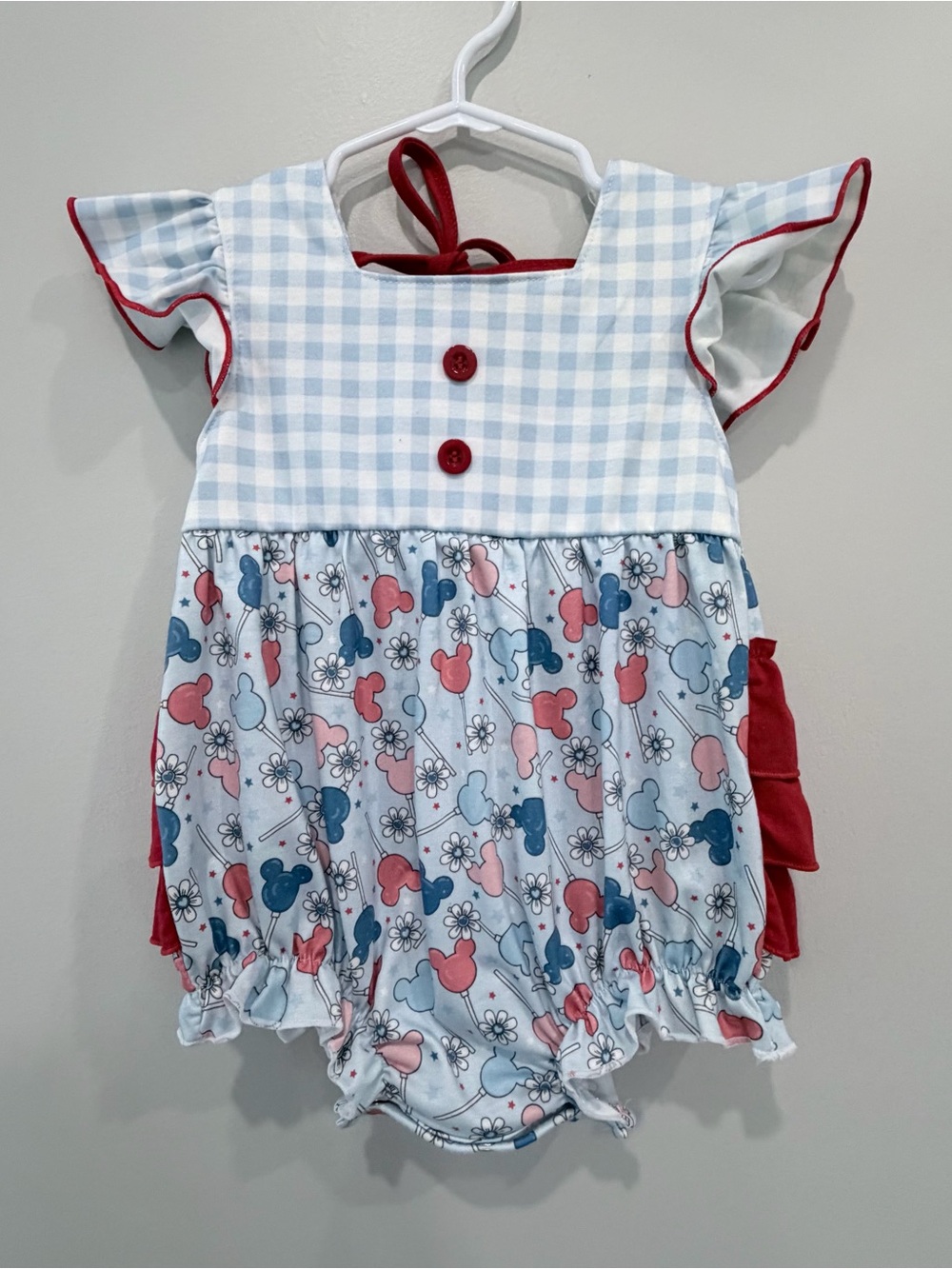 Baby Girl Gingham & Mickey Print Romper - Red & Light Blue
